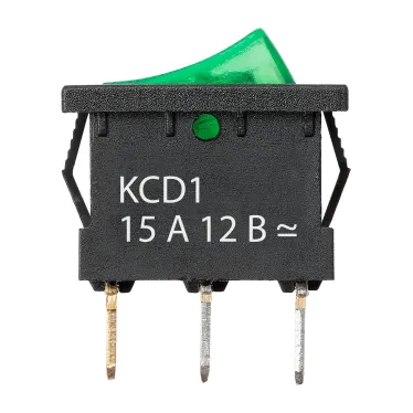 Выключатель клавишный KCD1-101N 12В AC/DC, 1P, 15А, (3с), ON-OFF, черный корпус, зеленая клавиша с LED подсветкой, Mini TDM