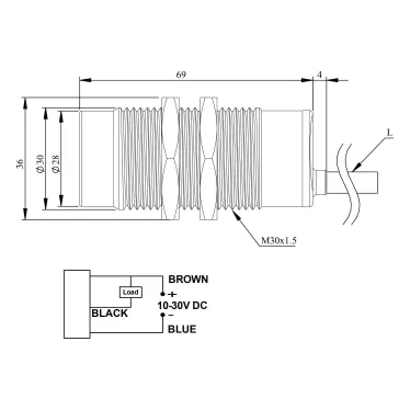 Ёмкостный датчик (NPN-НЗ), кабель 2м*3 (расс. сраб. 3-15мм), выступающий, металл, 10-30В DC, IP65