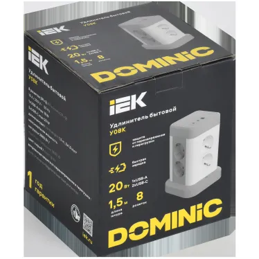 DOMINIC Удлинитель У08K 8 мест 2P+PE 1,5м 3х1,0мм2 16А/250В USB A+C 20Вт серый IEK