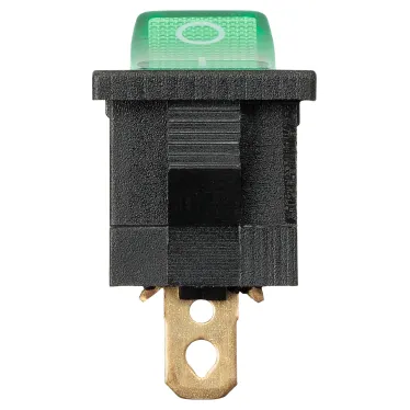 Выключатель клавишный KCD1-101N 12В AC/DC, 1P, 15А, (3с), ON-OFF, черный корпус, зеленая клавиша с LED подсветкой, Mini TDM