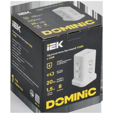 DOMINIC Удлинитель У08K 8 мест 2P+PE 1,5м 3х1,0мм2 16А/250В USB A+C 20Вт белый IEK