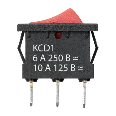 Выключатель клавишный KCD1-102 250В AC/DC, 1P, 6А, (3с), ON-ON, черный корпус, красная клавиша, Mini TDM