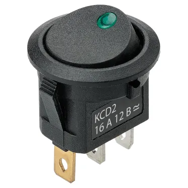 Выключатель клавишный круглый KCD2-101N-2 12В AC/DC, 1P, 16А, (3с), ON-OFF, черный с зеленой точечной LED подсветкой TDM