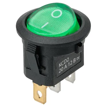 Выключатель клавишный круглый KCD2-101N 12В AC/DC, 1P, 20А, (3с), ON-OFF, черный корпус, зеленая клавиша с LED подсветкой TDM