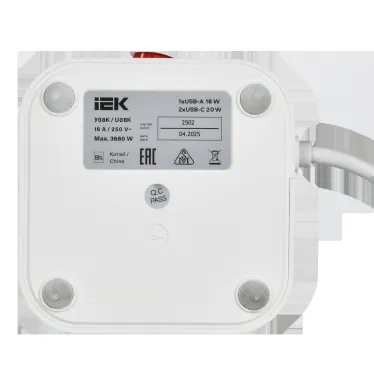 DOMINIC Удлинитель У08K 8 мест 2P+PE 1,5м 3х1,0мм2 16А/250В USB A+C 20Вт белый IEK