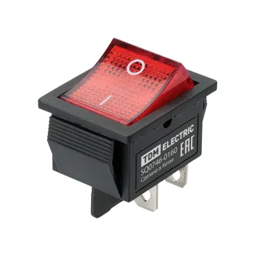 Выключатель клавишный KCD4-201N 250В AC/DC, 2P, 16А, (4с), ON-OFF, черный корпус, красная клавиша с LED подсветкой TDM