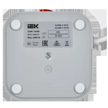 DOMINIC Удлинитель У08K 8 мест 2P+PE 1,5м 3х1,0мм2 16А/250В USB A+C 20Вт серый IEK