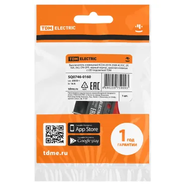 Выключатель клавишный KCD4-201N 250В AC/DC, 2P, 16А, (4с), ON-OFF, черный корпус, красная клавиша с LED подсветкой TDM