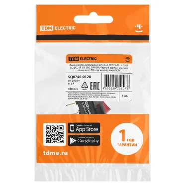 Выключатель клавишный круглый KCD11-101N 250В AC/DC, 1P, 3А, (3с), ON-OFF, черный корпус, красная клавиша с LED подсветкой, Micro TDM