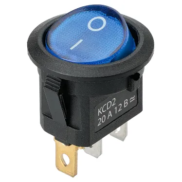 Выключатель клавишный круглый KCD2-101N 12В AC/DC, 1P, 20А, (3с), ON-OFF, черный корпус, синяя клавиша с LED подсветкой TDM
