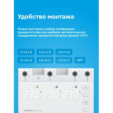 Переключатель фаз автоматический, на DIN-рейку, 63А, белая индикация