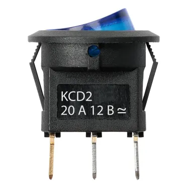 Выключатель клавишный круглый KCD2-101N 12В AC/DC, 1P, 20А, (3с), ON-OFF, черный корпус, синяя клавиша с LED подсветкой TDM