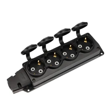 Розетка (колодка) влагозащищенная с крышкой 4 гнезда COMPACT, с/з, 16А, IP54, каучук, черная | 111-224 | REXANT
