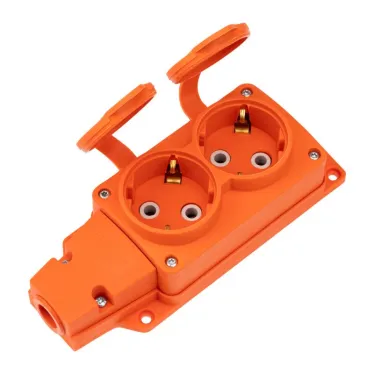 Розетка (колодка) влагозащищенная с крышкой 2 гнезда COMPACT, с/з, 16А, IP54, каучук, оранжевая | 111-226 | REXANT