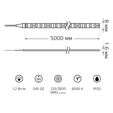Лента светодиодная 12 Вт/м DC 24В 6500К IP20 120LED SMD2835 1400 лм/м Black Gauss