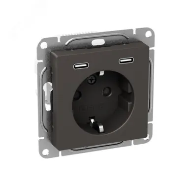 Механизм розетки с USB-C - 2шт 16А с заземлением со шторками мокко Эпика EKF