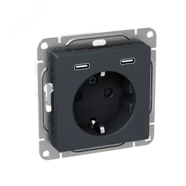 Механизм розетки с USB-C - 2шт 16А с заземлением со шторками графит Эпика EKF