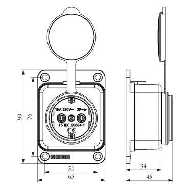Розетка в резиновом корпусе, 1 x 16A, стандарт CEE NORM, настенное крепление