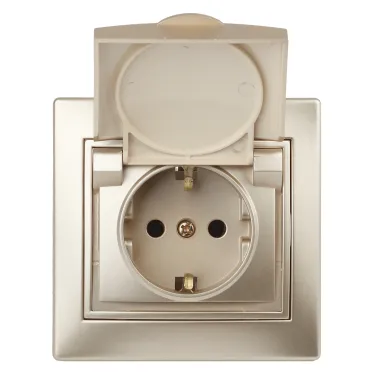 Розетка Intro Plano 1-203-04 с заземлением 2P+E Schuko с крышкой, 16А-250В, IP20, СУ, шампань
