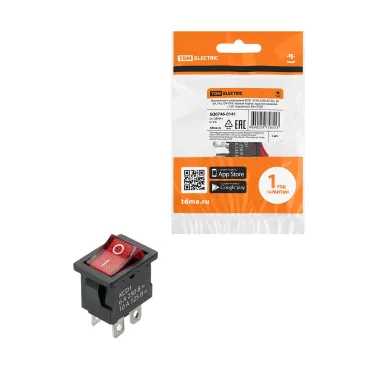 Выключатель клавишный KCD1-201N 250В AC/DC, 2P, 6А, (4с), ON-OFF, черный корпус, красная клавиша с LED подсветкой, Mini TDM