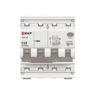 Выключатель автоматический дифференциального тока АВДТ-63N 3P+N 32А 100мА C тип A электронный 6кА PROXIMA | D63N46EA32C100 | EKF