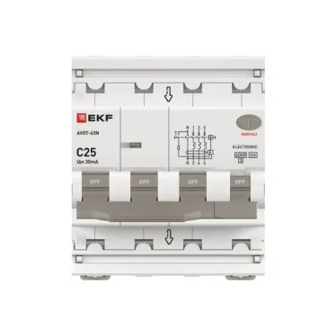 Выключатель автоматический дифференциального тока АВДТ-63N 3P+N 25А 30мА C тип A электронный 6кА PROXIMA | D63N46EA25C30 | EKF