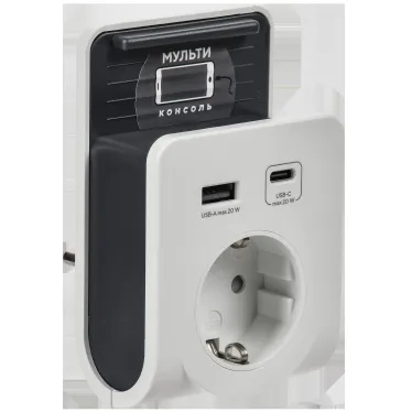 Адаптер Т-03/01 1 место 2P+PE 16А 2хUSB A+C 20Вт с подставкой бело-черный IEK