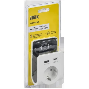 Адаптер Т-03/01 1 место 2P+PE 16А 2хUSB A+C 20Вт с подставкой бело-черный IEK