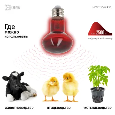 Инфракрасная лампа ИКЗК 230-60 R63 Е27 для обогрева животных 60 Вт Е27