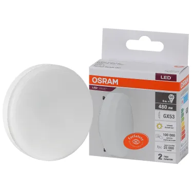 Лампа светодиодная LED 6 Вт GX53 3000К 480Лм таблетка 220 В (замена 50Вт) OSRAM