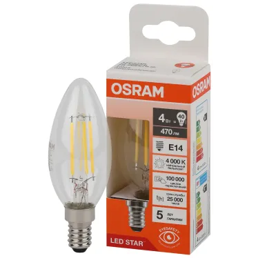 Лампа светодиодная филаментная LED Star Свеча 4Вт (замена 40Вт), 400Лм, 4000К, цоколь E14 OSRAM
