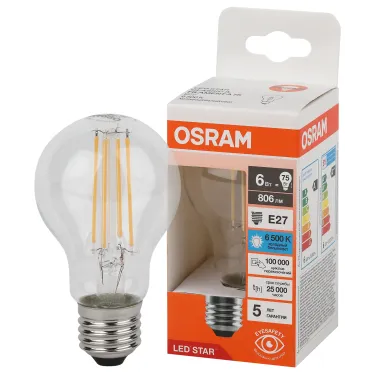 Лампа светодиодная филаментная LED Star Грушевидная 6Вт (замена 75Вт), 806Лм, 6500К, цоколь E27 OSRAM