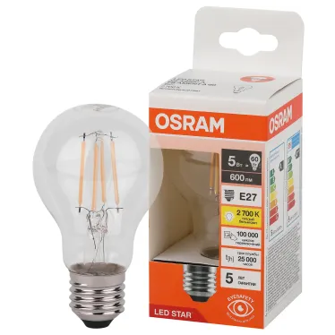 Лампа светодиодная филаментная LED Star Грушевидная 5Вт (замена 60Вт), 600Лм, 2700К, цоколь E27 OSRAM