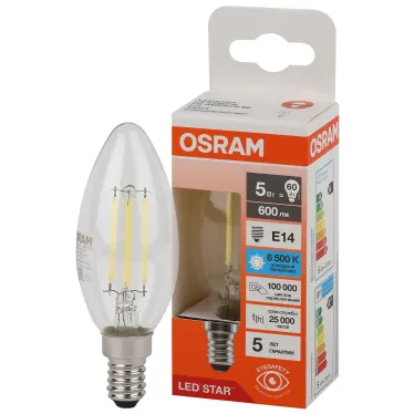Лампа светодиодная филаментная LED Star Свеча 5Вт (замена 60Вт), 600Лм, 6500К, цоколь E14 OSRAM