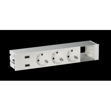 Врезной розеточный блок с крыш., ввод щетка, 3x2P+E, 2xUSB заряд. уст., 1 пустой модуль белый, S400