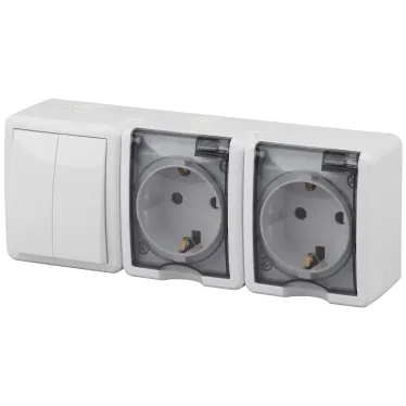 Блок две розетки+выключатель двойной IP54, 16A(10AX)-250В, ОУ, Эра Эксперт, белый, 11-7404-01