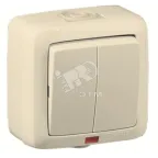                  Выключатель двухклавишный наружный с индикацией слоновая кость IP44 10А
               