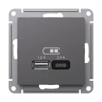 ATLASDESIGN USB РОЗЕТКА А+С, 5В/2,4 А, 2х5В/1,2 А, механизм, БАЗАЛЬТ