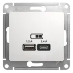                  GLOSSA USB РОЗЕТКА A+С, 5В/2,4 А, 2х5В/1,2 А, механизм, БЕЛЫЙ
               