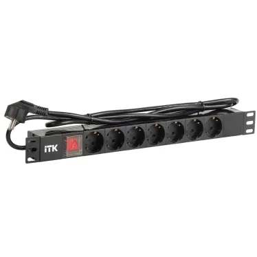 Блок распределения питания PDU 7 розеток DIN49440 с LED выключателем 1U шнур 2м вилка профиль из ПВХ черный (нем.станд)