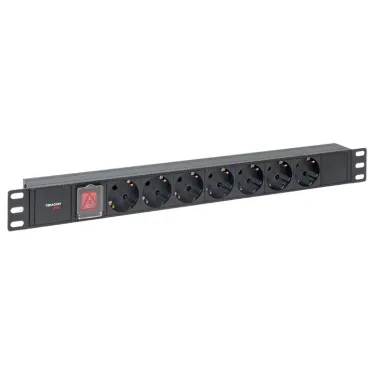 Блок розеток PDU TERACOM PRO 19' 1U 10А/250В 7 роз. Schuko с выключателем без шнура питания вх. разъем C14 корпус алюминий черный