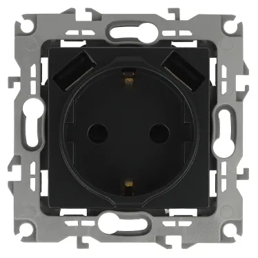 Розетка 2P+E 16A-250В, штор. с 2xUSB 5В-3А, Эра Elegance, антрацит 14-4109-05