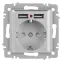 Розетка Intro Accent 6-410-03 , P+E Schuko со шторками, 16А-250В + 2хUSB, IP20, СУ, алюминий
