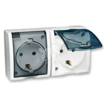 15 Aqua Розетка двойная 2Р+Е Schuko со шторками с крышкой полупр. IP54 16А 250В винт.зажим S15A белый