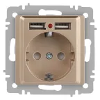 Розетка Intro Accent 6-410-04 , P+E Schuko со шторками, 16А-250В + 2хUSB, IP20, СУ, шампань