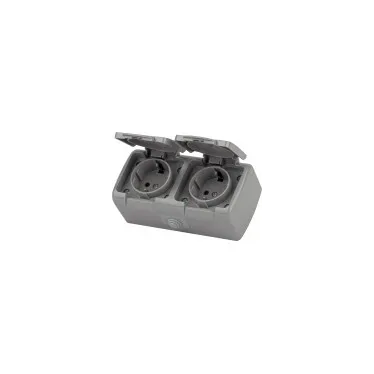 Розетка Intro Atlantic 5-204-03 двойная с заземлением 2х2P+E Schuko шторки, 16А-250В, IP54, открытой установки, серый