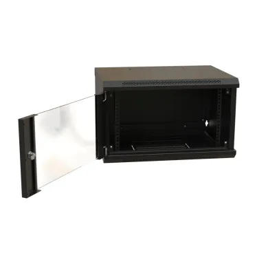 Шкаф настенный 19-дюймовый 19'' 9U 500x600х600мм стеклянная дверь с перфорацией ручка с замком черный RAL 9004 WRline''