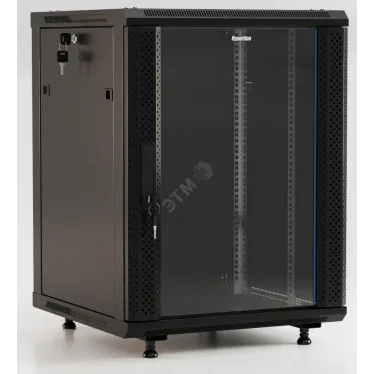 Шкаф настенный 19-дюймовый 27U 1304x600х600мм стеклянная дверь с перфорацией по бокам ручка с замком с возможностью установки на ножки цвет черный (RAL 9004) (разобранный)
