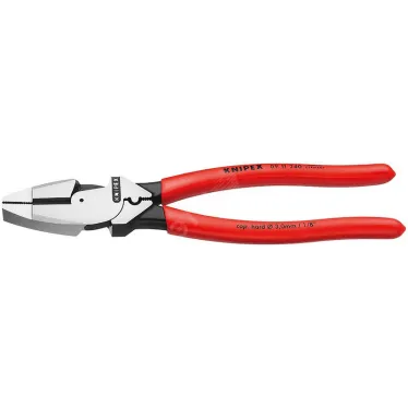 Плоскогубцы электромонтёра Linemans Pliers с приспособлением для протяжки кабеля и обжима кабельных наконечников рез: проволока средней твёрдости 46 мм твёрдая проволока 3 мм L-240 мм чёрные обливные рукоятки блистер