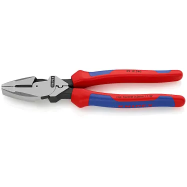 Плоскогубцы электромонтёра Linemans Pliers с приспособлением для протяжки кабеля и обжима кабельных наконечников рез: проволока средней твёрдости 46 мм твёрдая проволока 3 мм L-240 мм чёрные 2-компонентные рукоятки